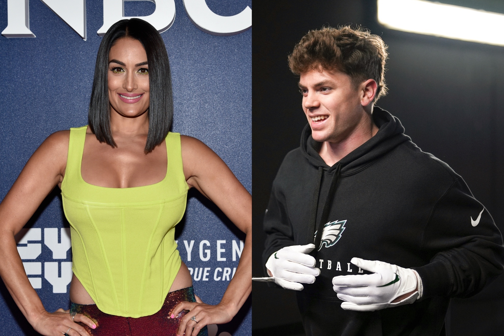 Side-by-side image of Nikki Bella at a red carpet event and Cooper DeJean in Philadelphia Eagles gear, highlighting ongoing relationship rumors. Nikki Bella Cooper DeJean