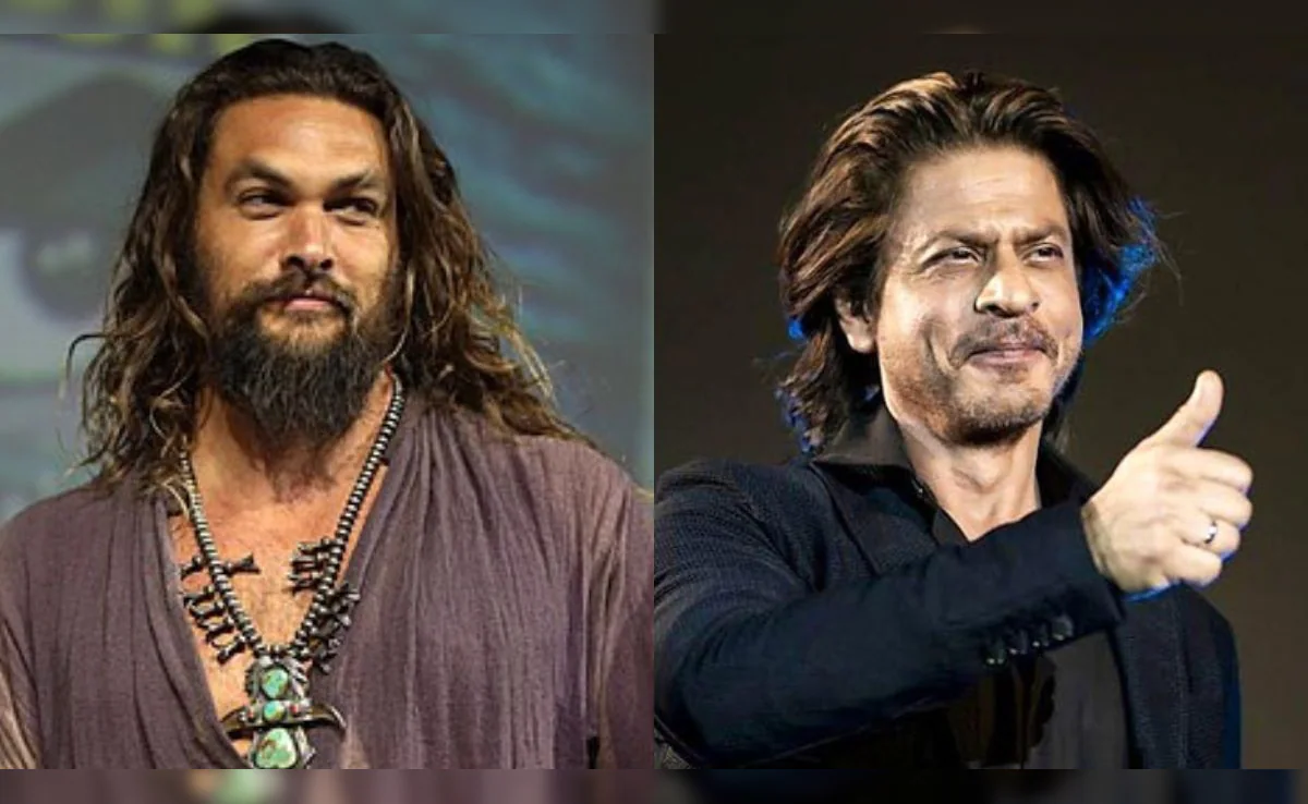 Jason Momoa and Shah Rukh Khan in a side-by-side image, as reports highlight Jason Momoa praises Shah Rukh Khan during a public interaction.