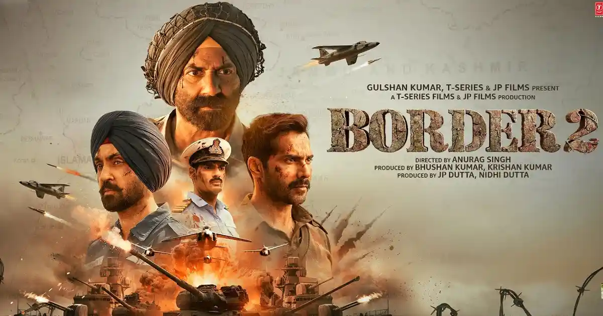 Biggest Bollywood Movies 2026 Border 2 movie poster featuring intense soldiers in uniform, fighter jets overhead, and explosive battlefield visuals, highlighting a patriotic war drama centered on courage and sacrifice.