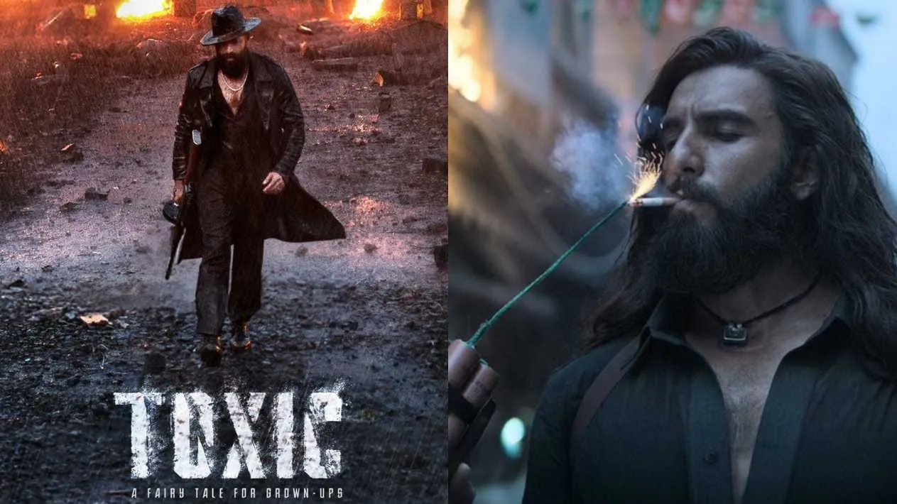 Most Anticipated Movies of 2026 Split image comparing Toxic featuring Yash walking through flames, and Dhurandhar 2: The Revenge starring Ranveer Singh in an intense close-up, highlighting their upcoming box office clash.