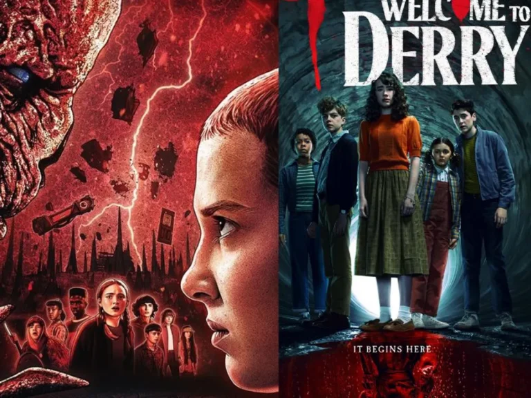 Stranger Things vs It comparison featuring side-by-side posters of Welcome to Derry and Stranger Things, showcasing two horror-themed series with young protagonists facing supernatural threats.