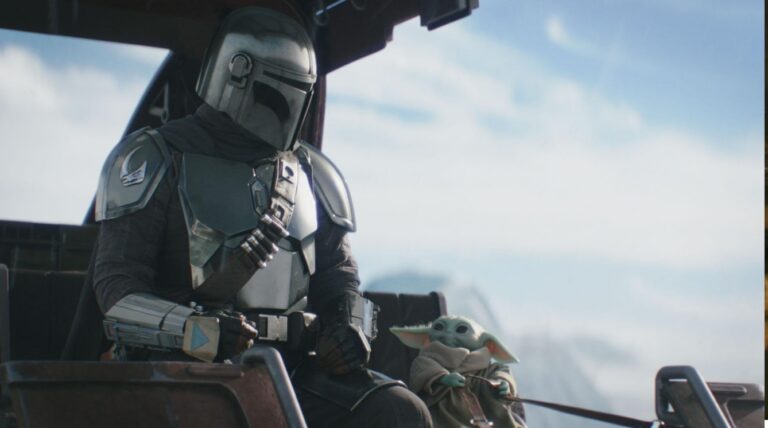 A cinematic sci-fi scene from The Mandalorian & Grogu, showing a lone armored bounty hunter and his small Force-sensitive companion journeying through a vast galaxy filled with danger and adventure. top Hollywood movies 2026