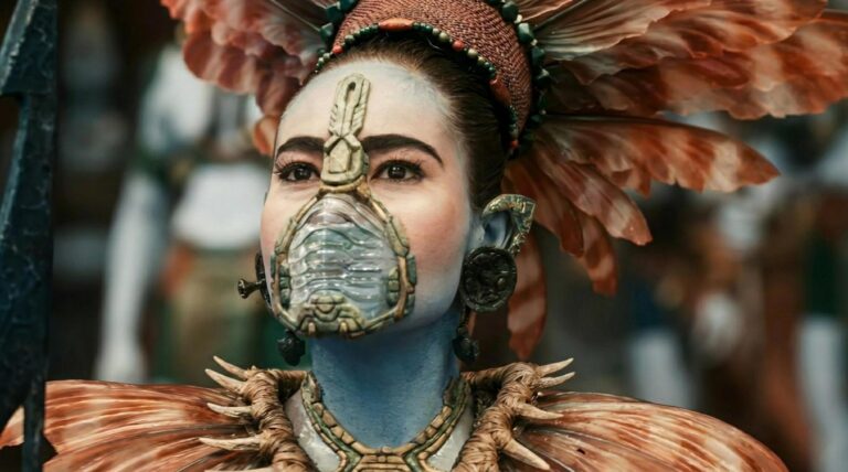 A futuristic blue-skinned warrior wearing an ornate feathered headdress and a mechanical breathing mask, standing alert in a high-stakes sci-fi setting in Avengers: Doomsday. upcoming Hollywood blockbusters 2026