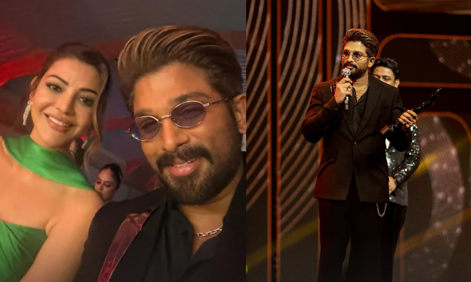 Winners at the 70th Filmfare Awards South holding black lady trophies on stage as Pushpa 2 and Amaran win top honors under golden spotlight lighting. South Indian Cinema Buzz February 2026