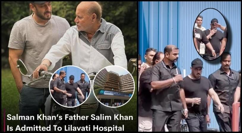 Salim Khan seen with Salman Khan in a recent photo, alongside visuals of security personnel and a hospital exterior, related to reports of Salim Khan being admitted to Lilavati Hospital. Salim Khan Hospitalized