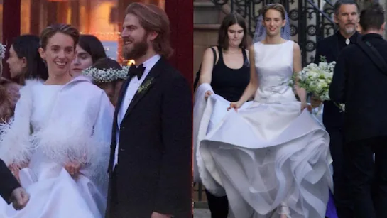 Maya Hawke wedding ceremony with bride in white gown and groom standing beside her outside a venue.
