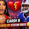 Cardi B reacting with surprise beside Stefon Diggs in a Buffalo Bills uniform, with a broken heart icon and bold text referencing online drama. Cardi B Stefon Diggs Backlash