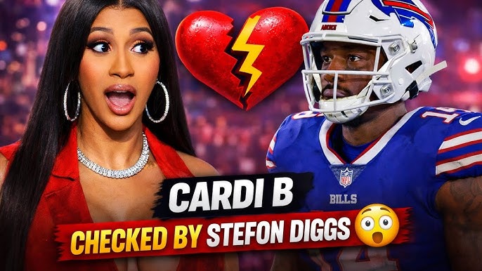 Cardi B reacting with surprise beside Stefon Diggs in a Buffalo Bills uniform, with a broken heart icon and bold text referencing online drama. Cardi B Stefon Diggs Backlash