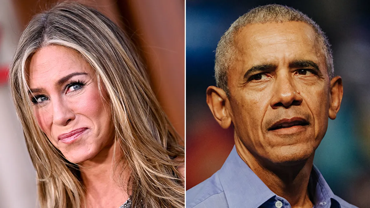 Side-by-side image of Jennifer Aniston and Barack Obama used in coverage of online rumors linking the two public figures. Jennifer Aniston Barack Obama Rumors