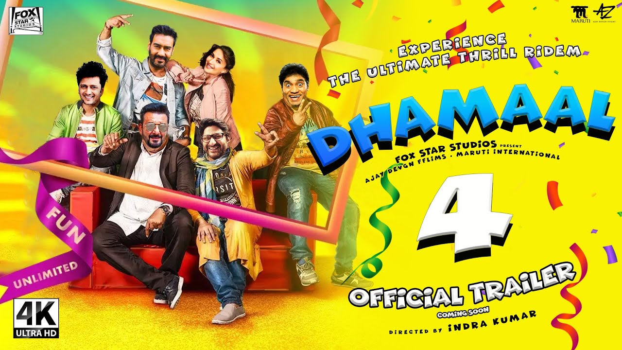 A chaotic and humorous moment from Dhamaal 4, featuring a group of quirky characters caught in a wild, laughter-filled adventure. Bollywood sequels 2026