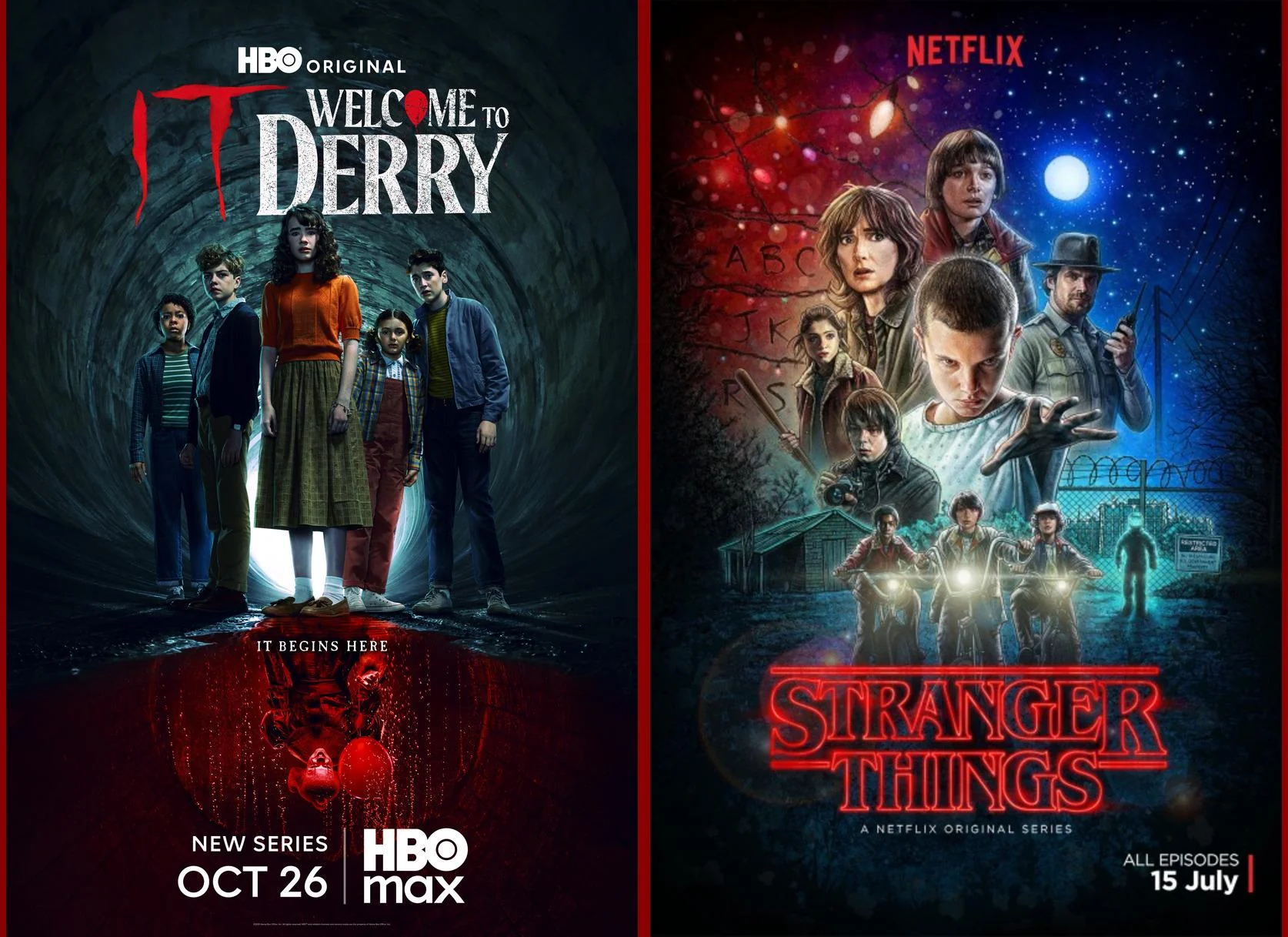 Stranger Things vs It comparison featuring side-by-side posters of Welcome to Derry and Stranger Things, showcasing two horror-themed series with young protagonists facing supernatural threats.