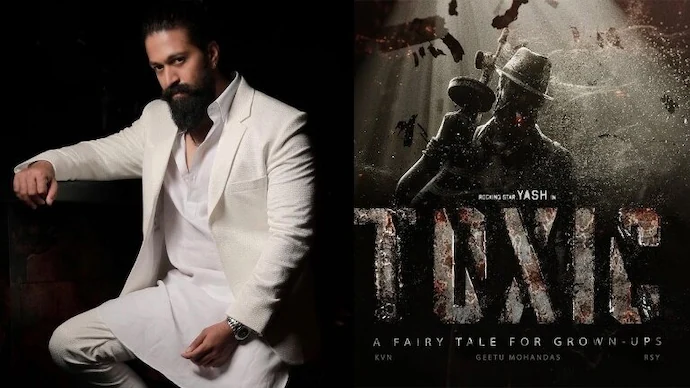 Yash in a sharp white suit beside the dark, gritty poster of Toxic, highlighting the film’s intense, action-driven tone. Yash Toxic Release Date